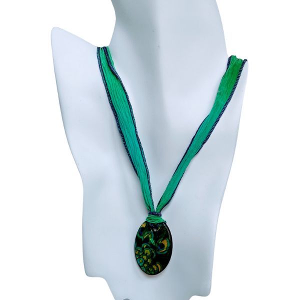 Peacock Mother-of-Pearl  Oval Silk Ribbon Necklace