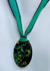 Peacock Mother-of-Pearl  Oval Silk Ribbon Necklace